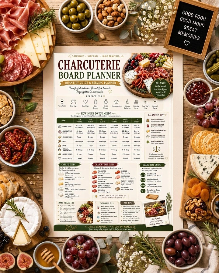 Events & Nightlife creative ad: Charcuterie planning guide framed by an abundant overhead spread