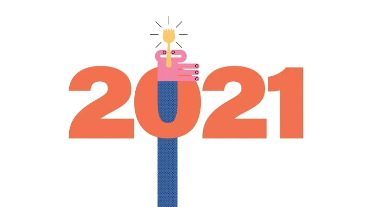 New Year creative ad: Illustrated arm rising through the 0 of 2021, holding a fork aloft