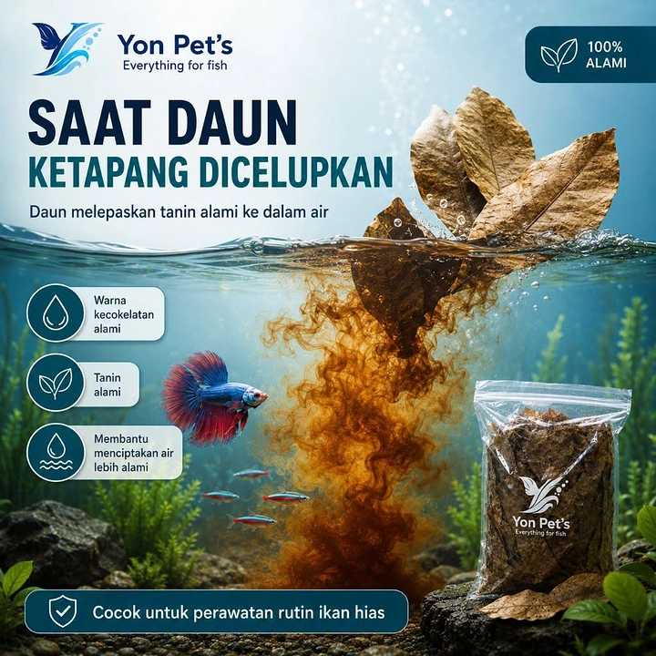 Aquarium Shops creative ad: Ketapang leaf tannin bleeding into water