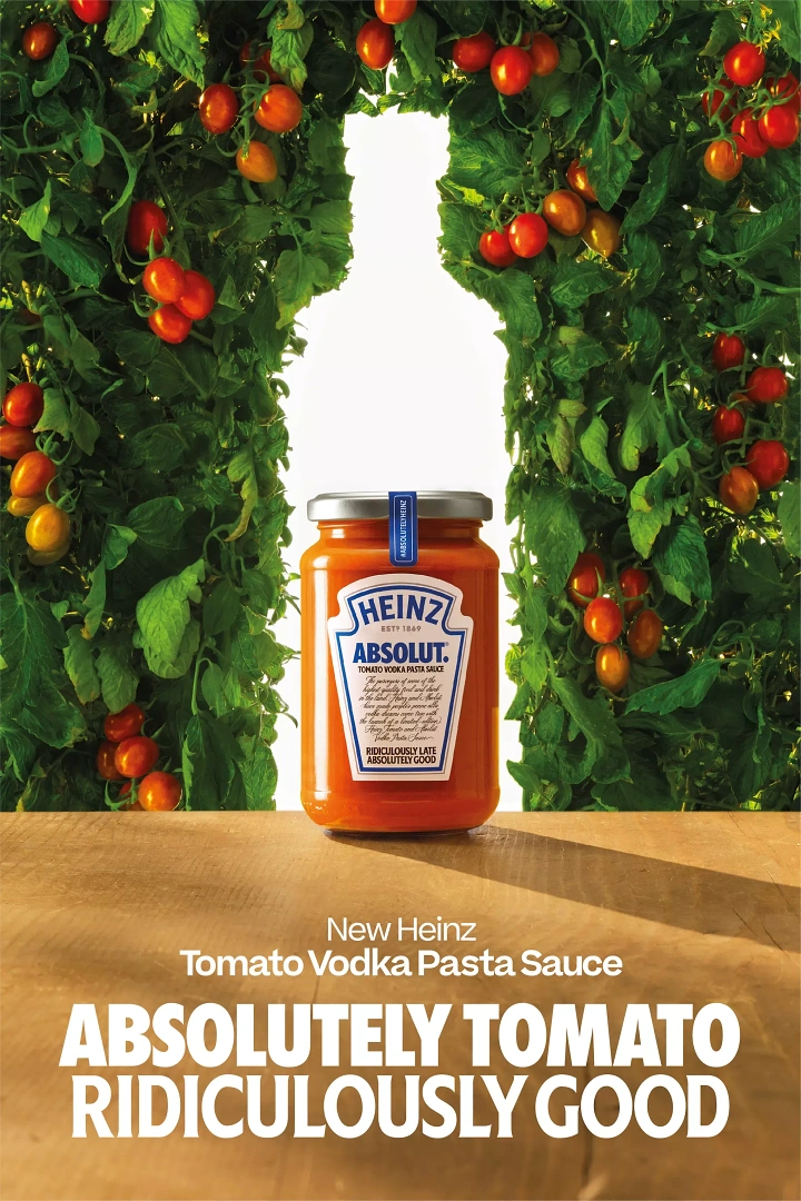 Sauces & Condiments creative ad: Pasta sauce jar before a tomato vine wall with a vodka-bottle-shaped opening