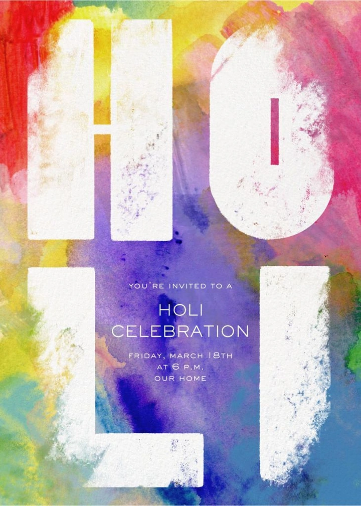 Holi creative ad: Giant distressed white HOLI letters over a rainbow watercolour