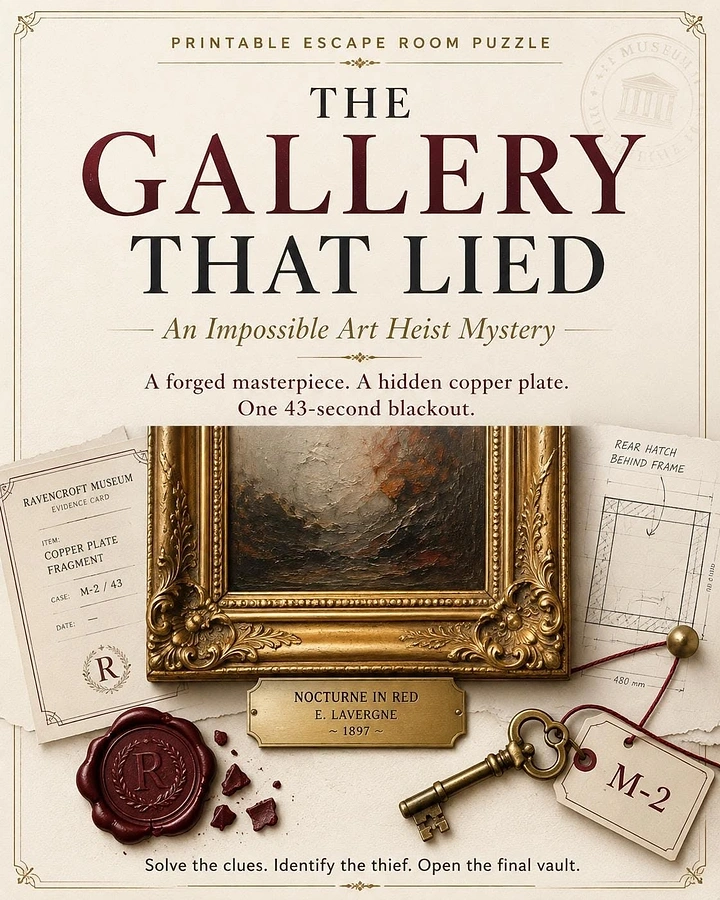 Escape Rooms creative ad: Gilded framed painting surrounded by heist clues: wax seal, key, evidence card