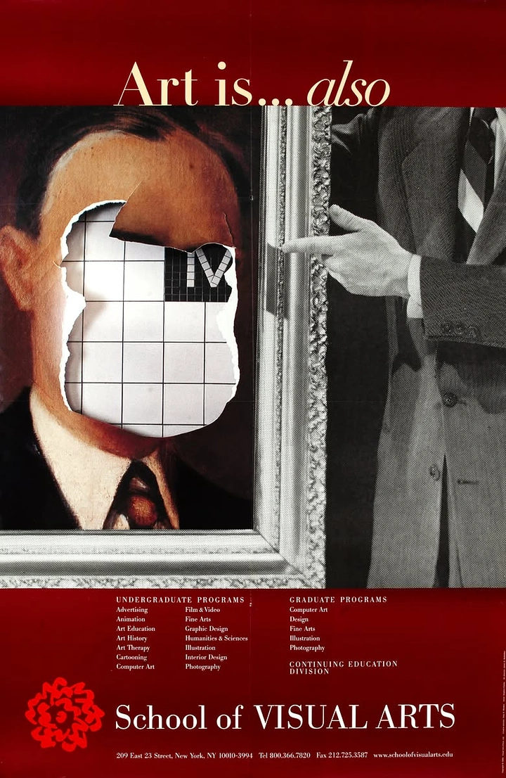 Education creative ad: Framed portrait with torn-out face revealing a tiled TV screen