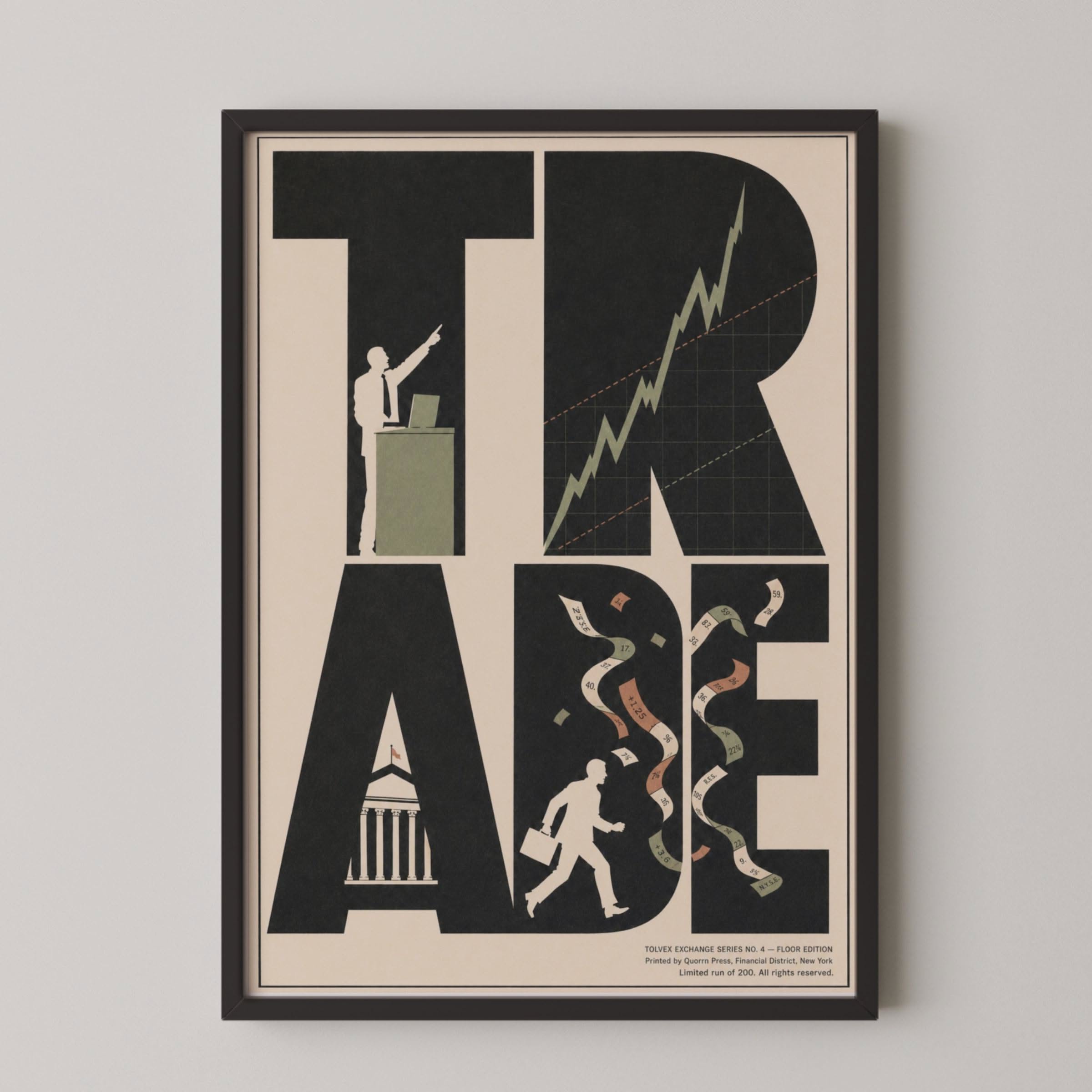 Instagram post: TRADE letterforms hold market scenes, framed mockup