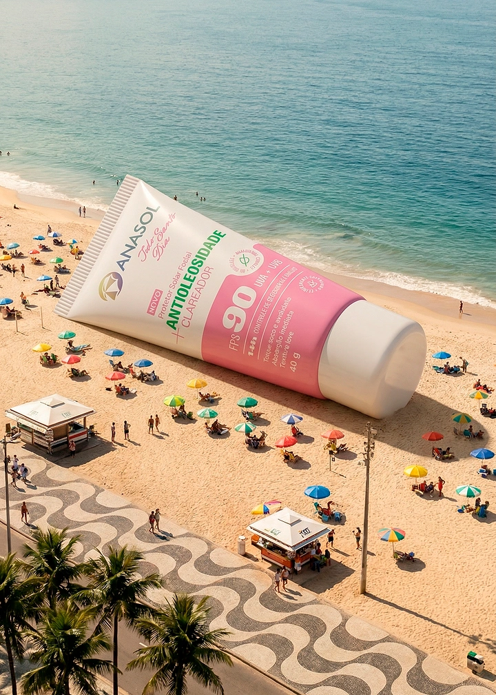 Sunscreen & Sun Care creative ad: Oversized sunscreen transforms beach into product stage