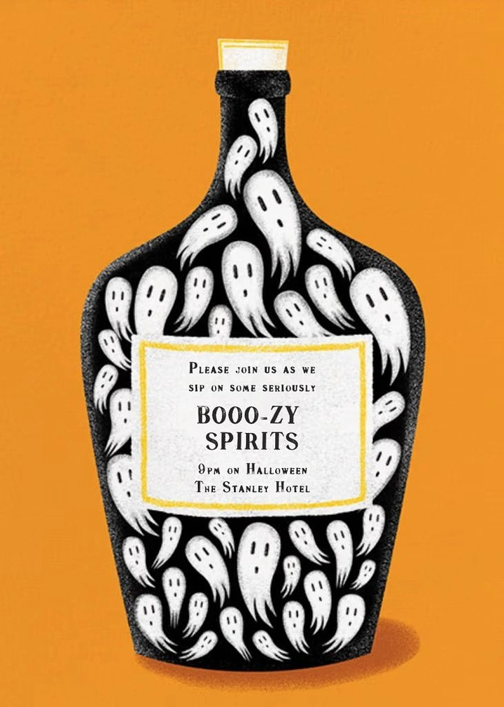 Halloween creative ad: Black bottle filled with cute white ghosts
