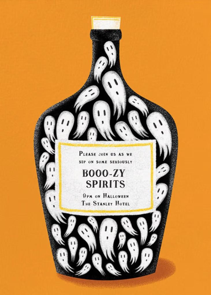 Halloween Instagram post: Black bottle filled with cute white ghosts