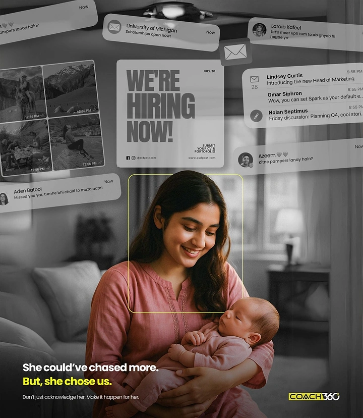 Mother's Day creative ad: Young mother smiling down at newborn baby in her arms
