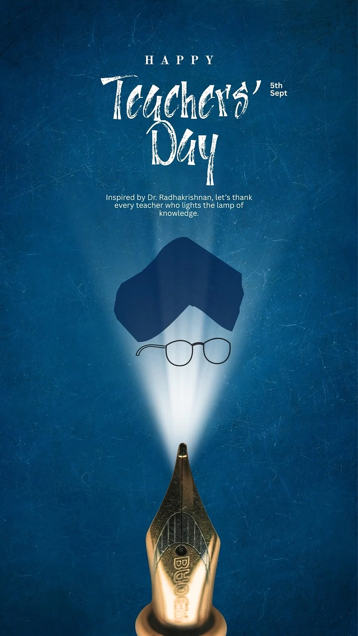 Teachers Day creative ad: Fountain pen nib casting a light beam that forms a turban-and-spectacles portrait