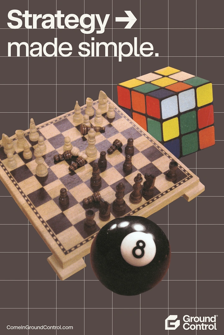 Board Games & Game Cafes creative ad: Strategy metaphor combines chess, cube, billiards