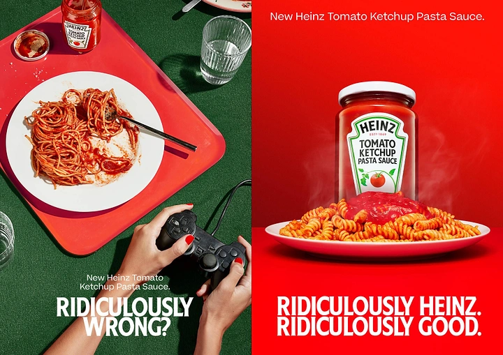 FMCG creative ad: Diptych: gamer's spaghetti on a tray vs a hero jar on fusilli