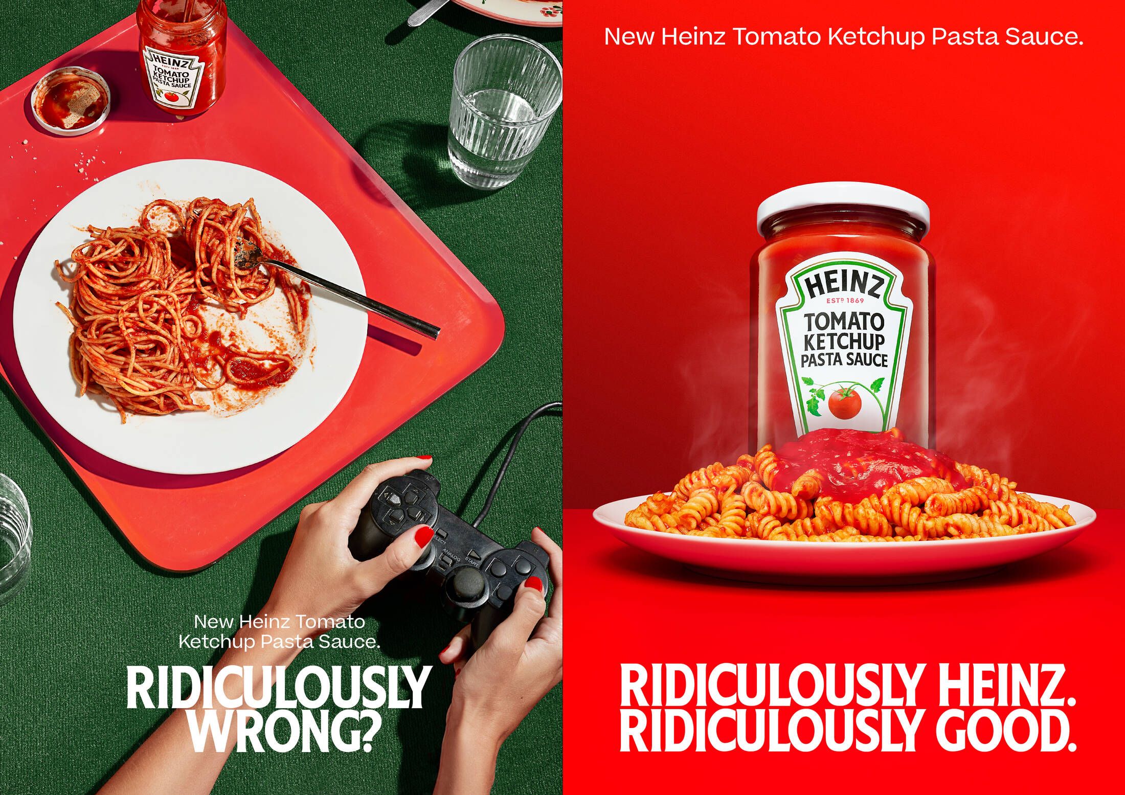 Poster: Diptych: gamer's spaghetti on a tray vs a hero jar on fusilli