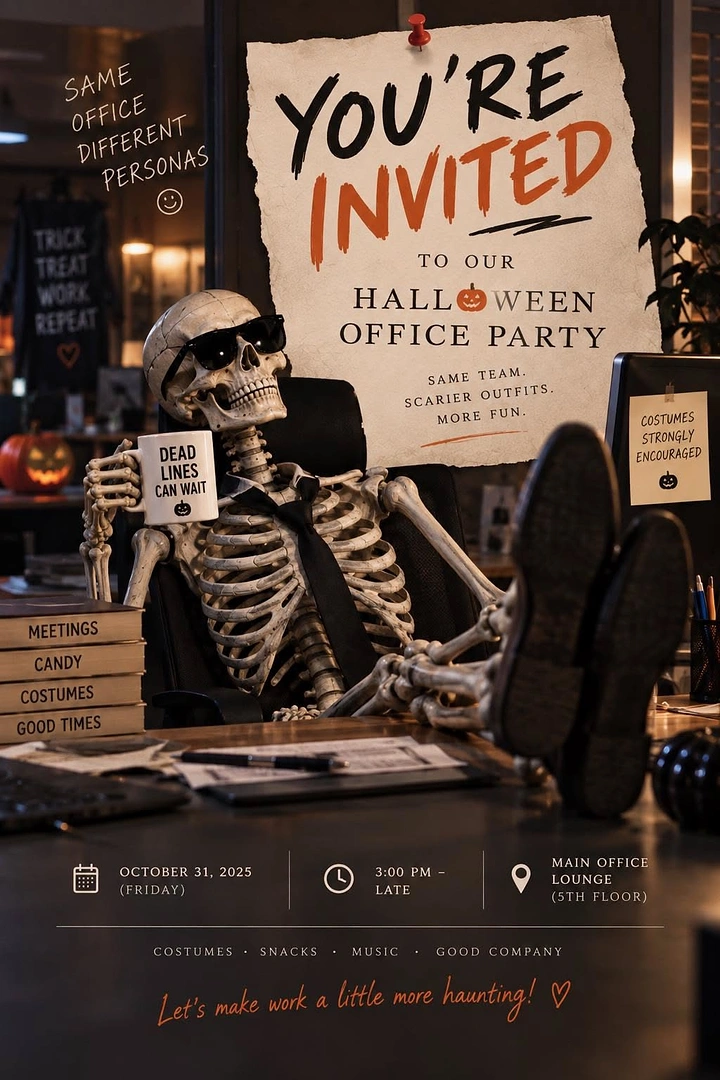 Halloween creative ad: Skeleton office worker in sunglasses and tie, feet on desk, holding a mug