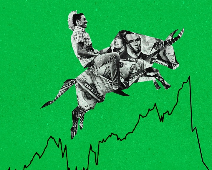 Stock Brokers & Investing creative ad: Collage man riding money bull chart
