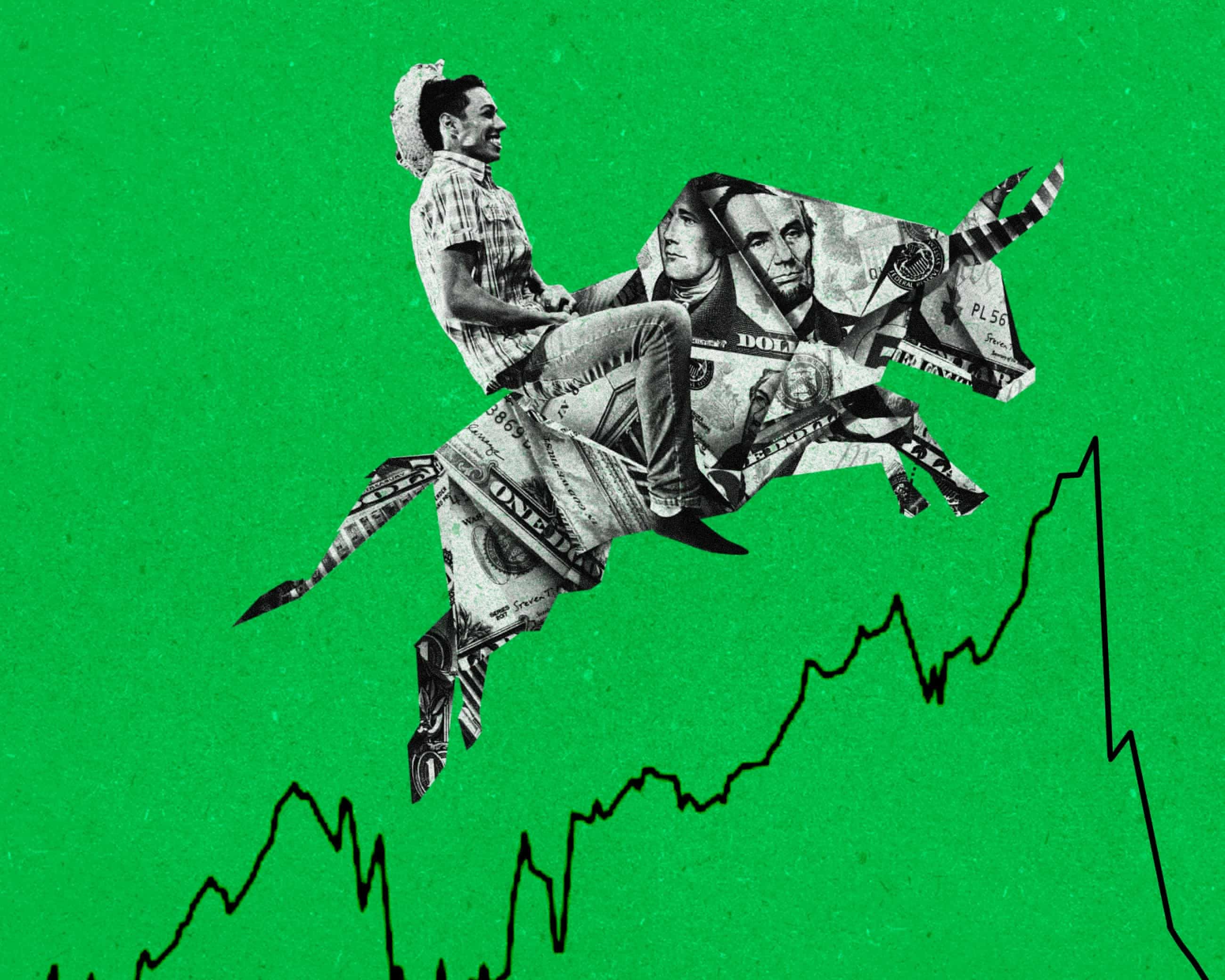 Banner: Collage man riding money bull chart