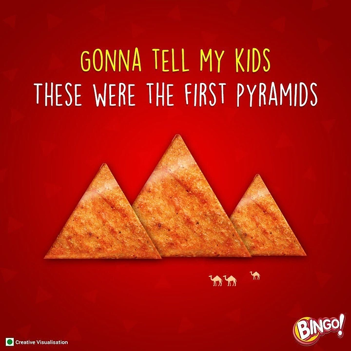 Snacks & Namkeen Brands creative ad: Bingo chips as pyramids, witty copy