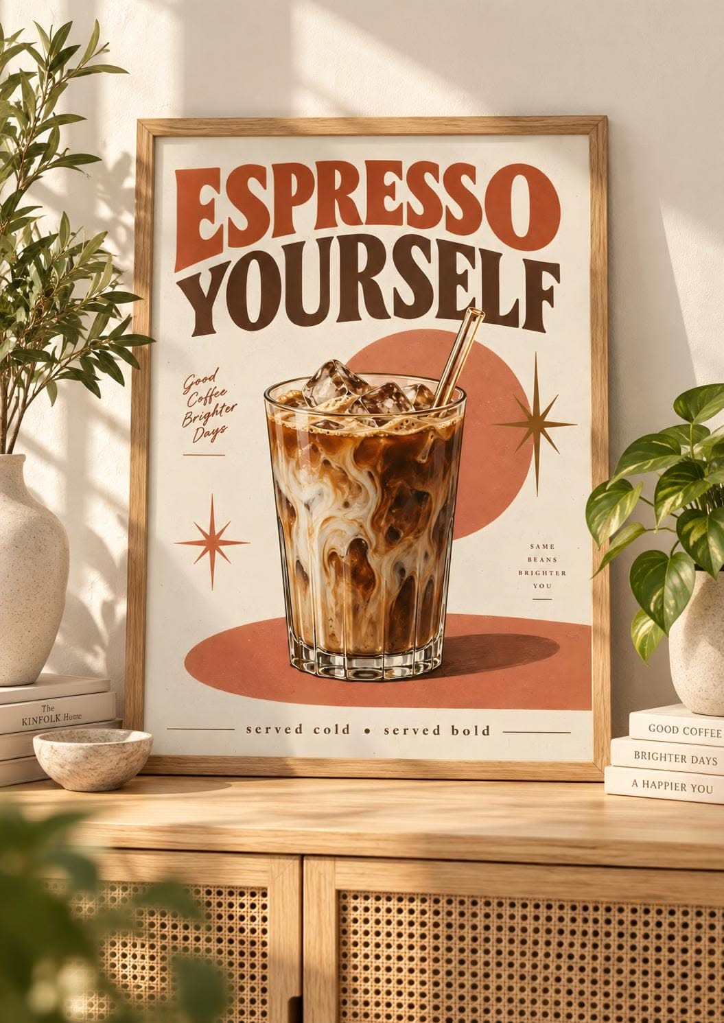 Poster: Iced latte in a glass on a retro poster, shown in a framed room mockup