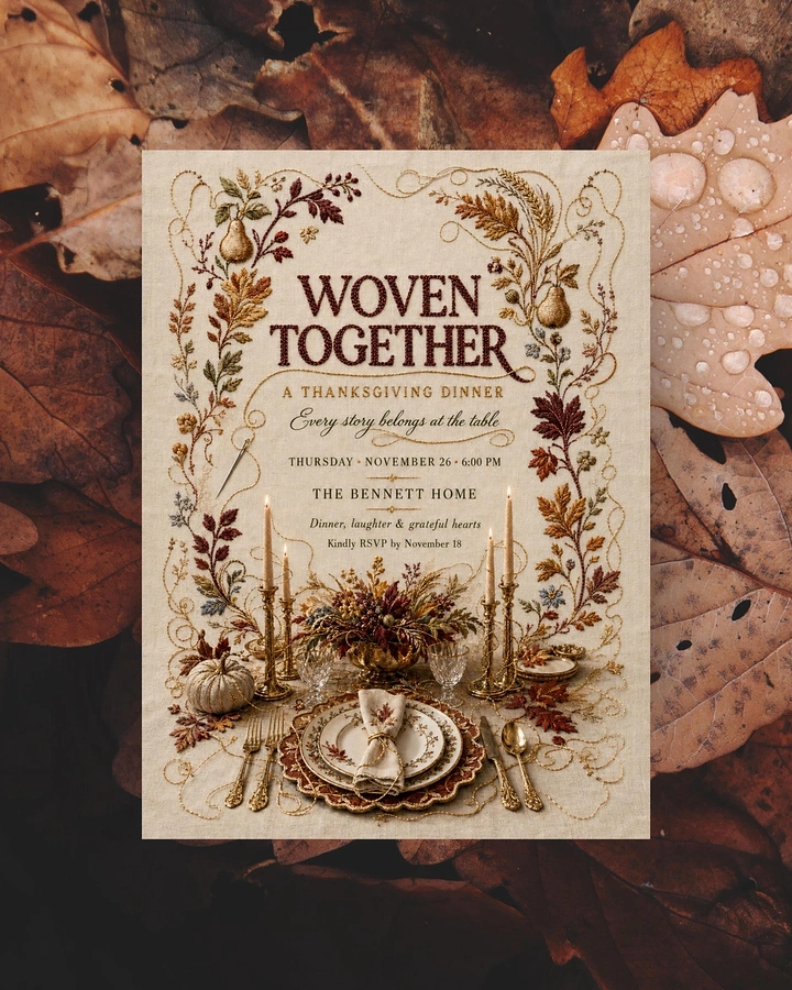 Thanksgiving creative ad: Embroidered invitation card with table setting