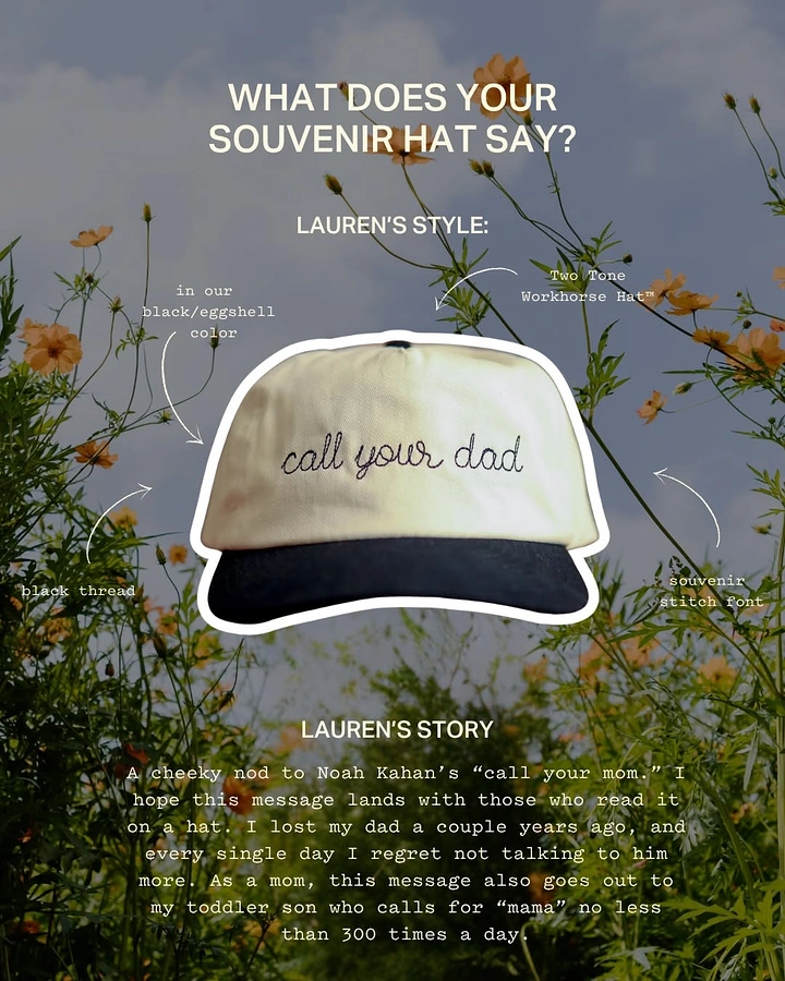 Father's Day creative ad: Two-tone cap embroidered with a script message