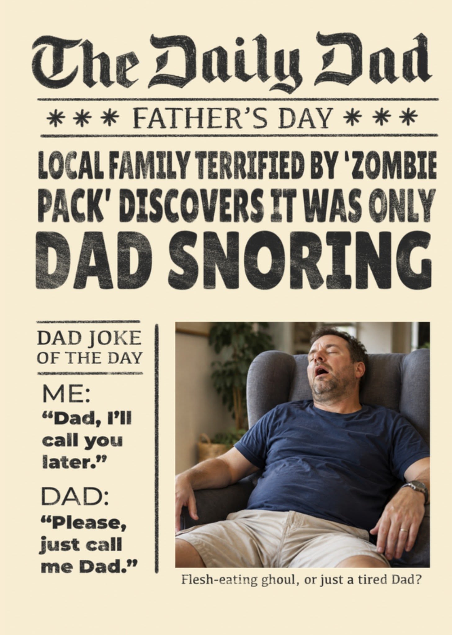 Dad asleep and snoring in a grey armchair