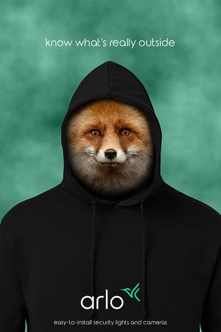 CCTV & Security Systems creative ad: Fox wearing a black hooded sweatshirt like an intruder