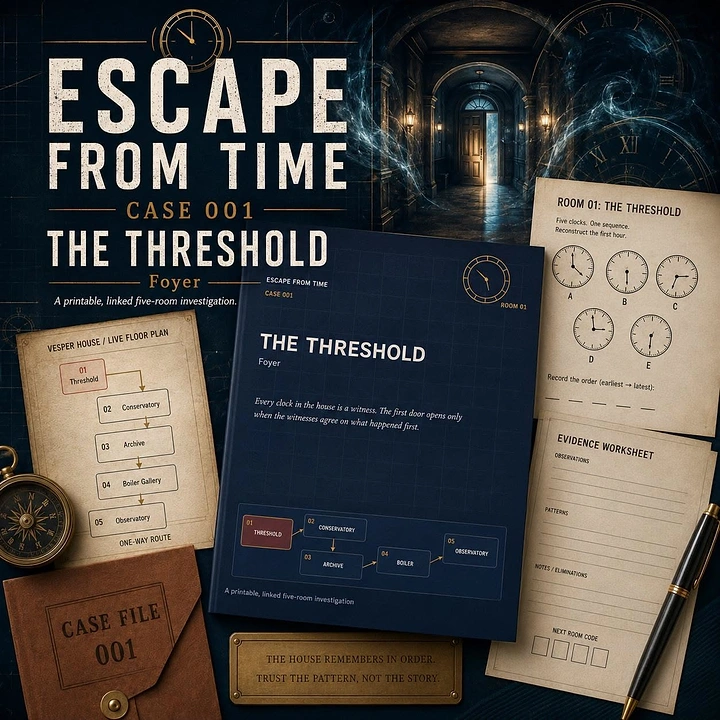 Escape Rooms creative ad: Flat-lay of printable puzzle booklet and worksheets
