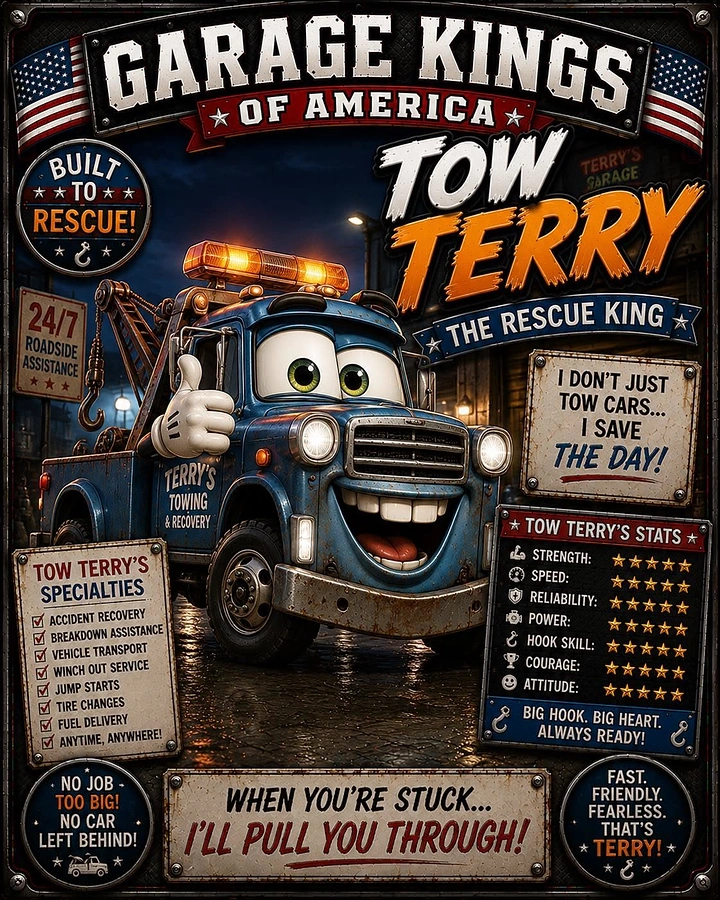 Towing & Roadside Assistance creative ad: Mascot-led Tow Terry service poster