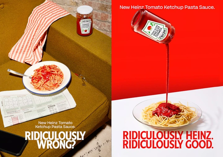 FMCG creative ad: Diptych: couch spaghetti vs a sauce stream pouring onto a pasta plate