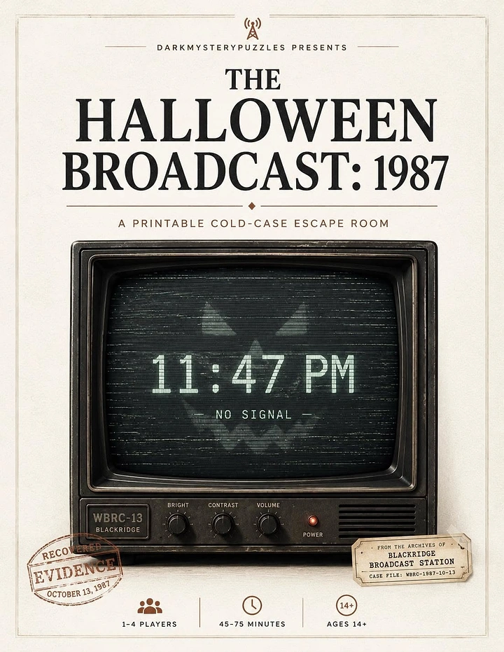 Halloween creative ad: 1980s CRT television showing a faint jack-o'-lantern face and a time readout
