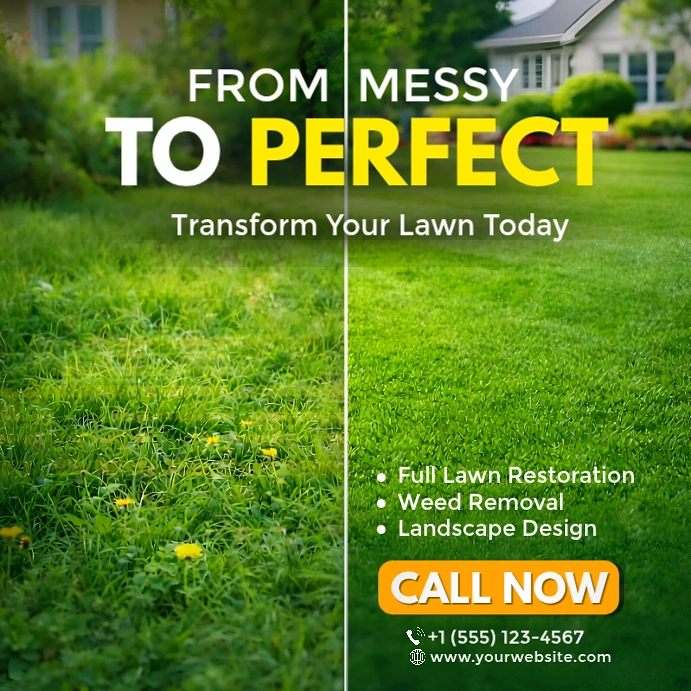 Landscaping & Gardening creative ad: Split lawn shows messy-to-perfect transformation