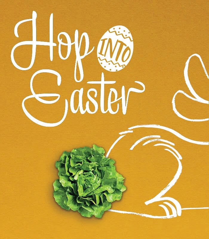 Easter creative ad: Hand-drawn white-line bunny with a real lettuce as its tail