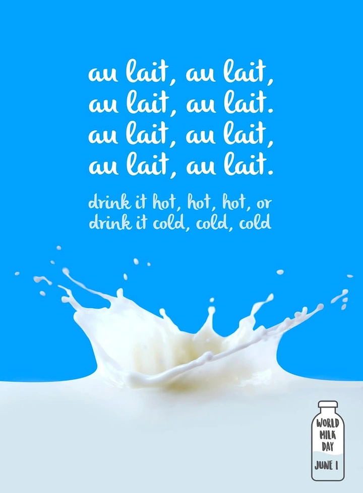 Dairy Brands creative ad: Rhythmic 'au lait' copy with splash