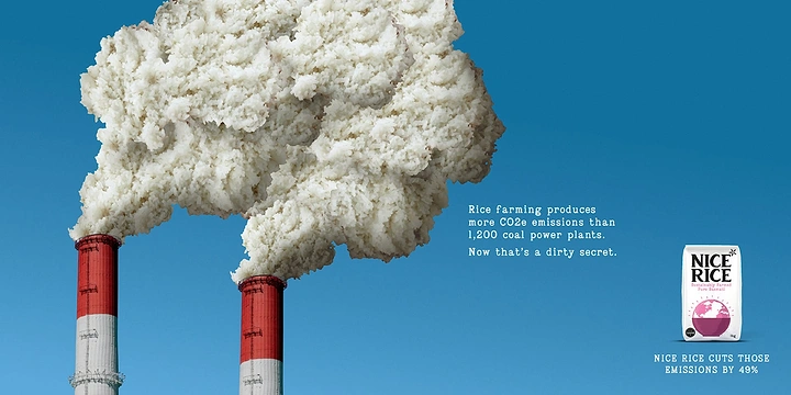 Food & Beverage creative ad: Power-plant chimneys billowing smoke made of cooked rice