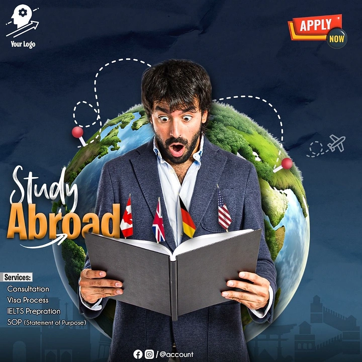 Study Abroad Consultants creative ad: Surprised traveler emerges from globe-book metaphor