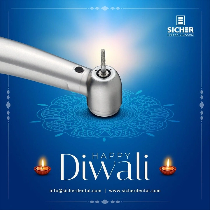 Diwali creative ad: Dental handpiece resting on a blue line-art rangoli