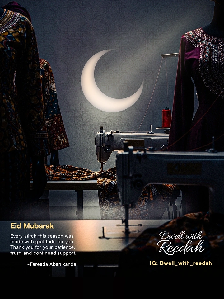 Eid creative ad: Dim tailoring studio with sewing machines under a glowing crescent moon