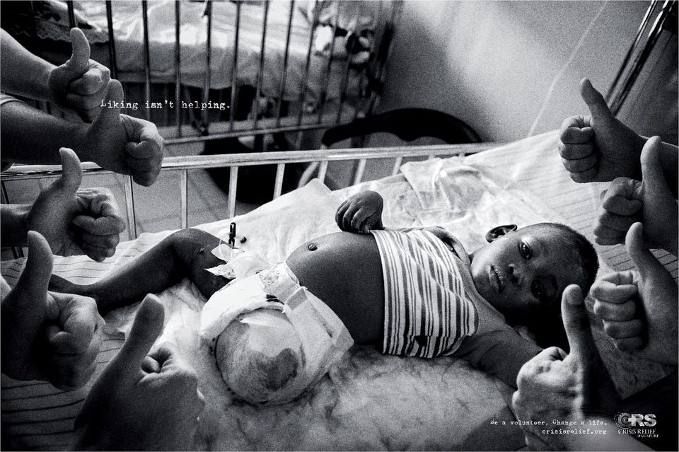 Poster: Injured baby in a hospital cot surrounded by thumbs-up hands