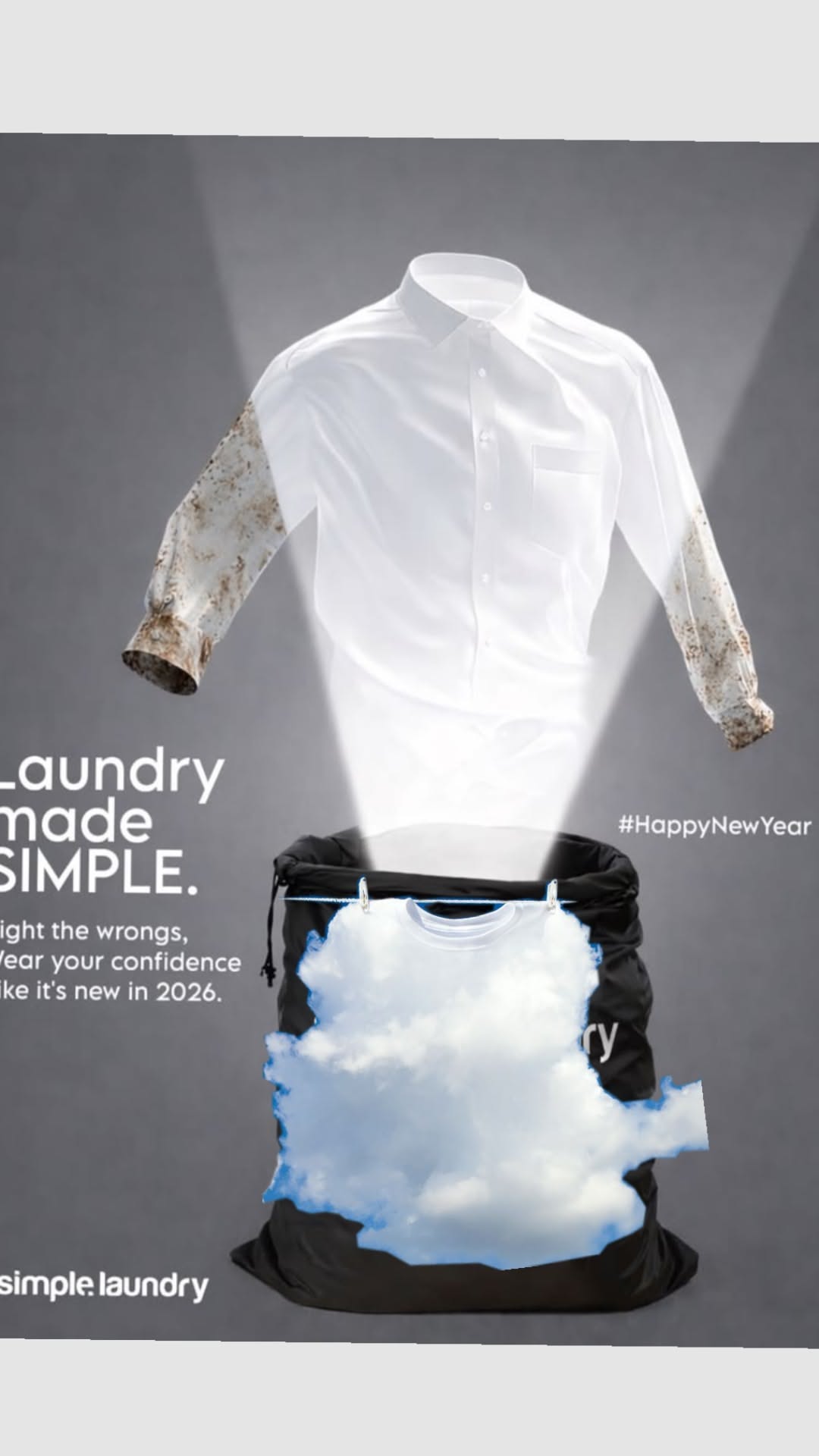 Story: Dirty shirt emerging clean from cloud bag