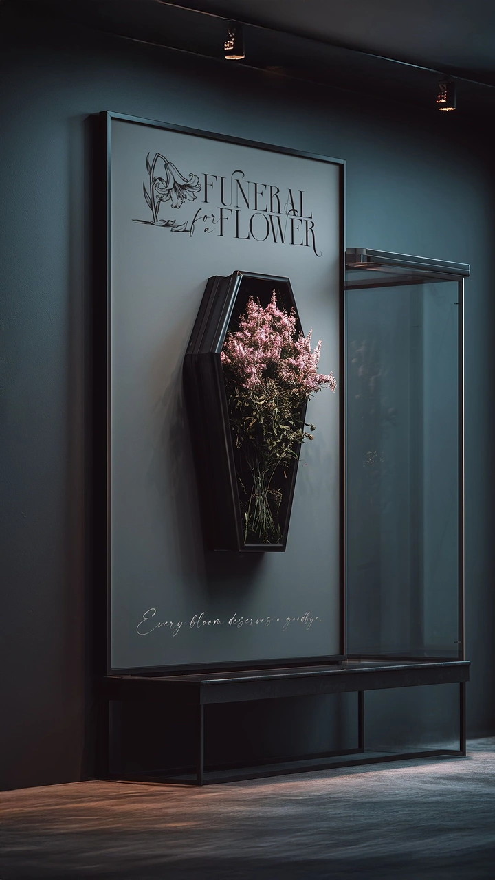 Funeral Services creative ad: Coffin-shaped flower display, striking mood