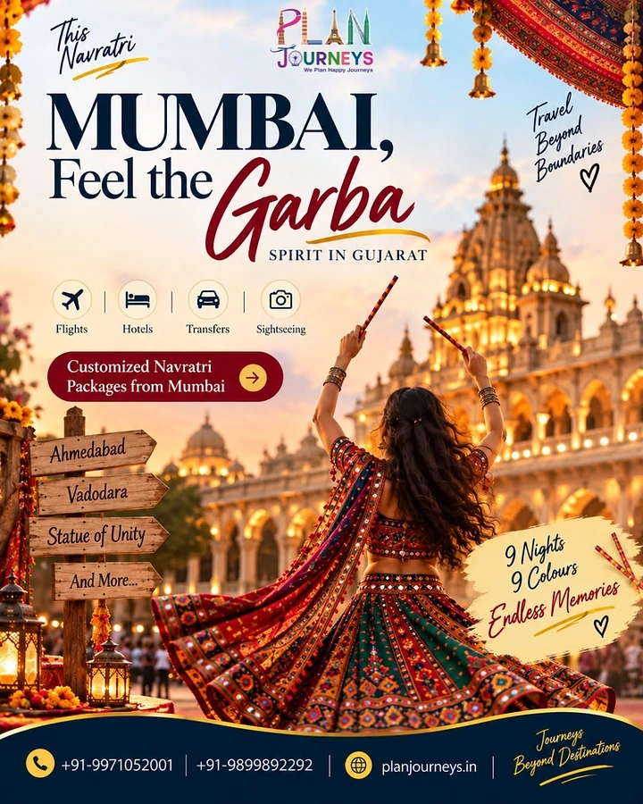 Navratri creative ad: Dancer in colourful garba dress before an illuminated Mumbai temple