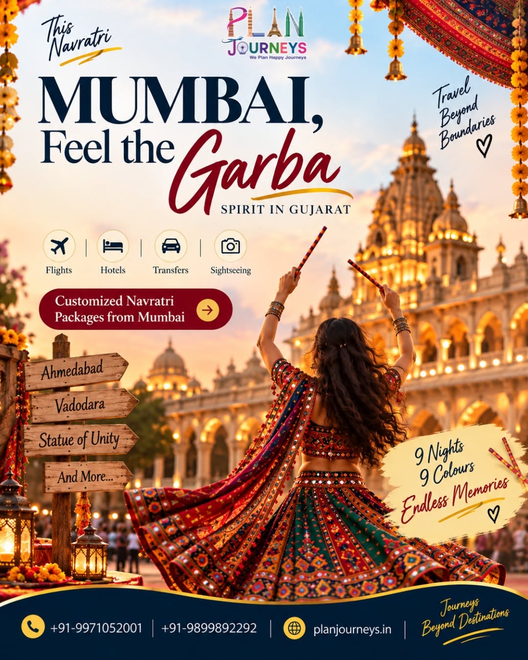 Navratri Poster: Dancer in colourful garba dress before an illuminated Mumbai temple