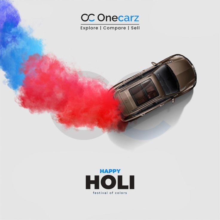 Holi Instagram post: Top-down bronze SUV trailing red and blue powder smoke