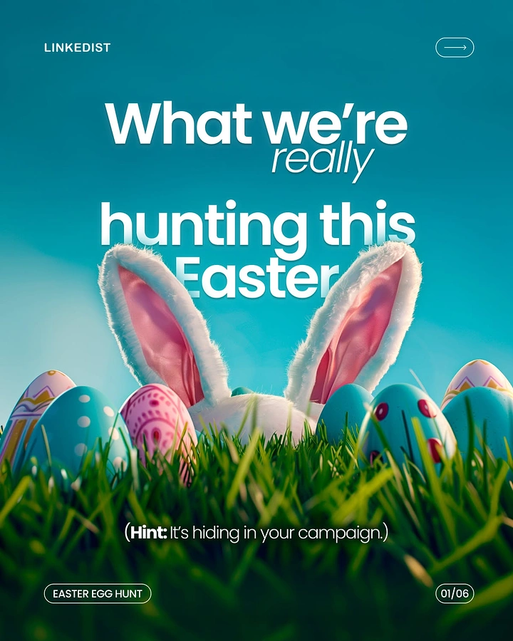 Easter creative ad: Bunny ears peeking out of grass among painted Easter eggs