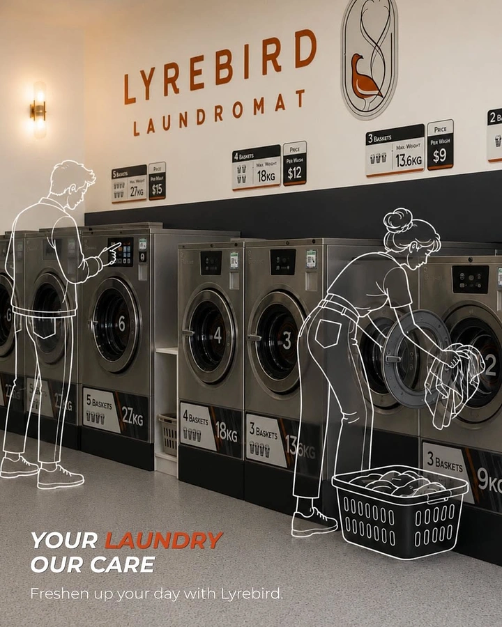Laundry & Dry Cleaning creative ad: Line-art figures drawn over real laundromat