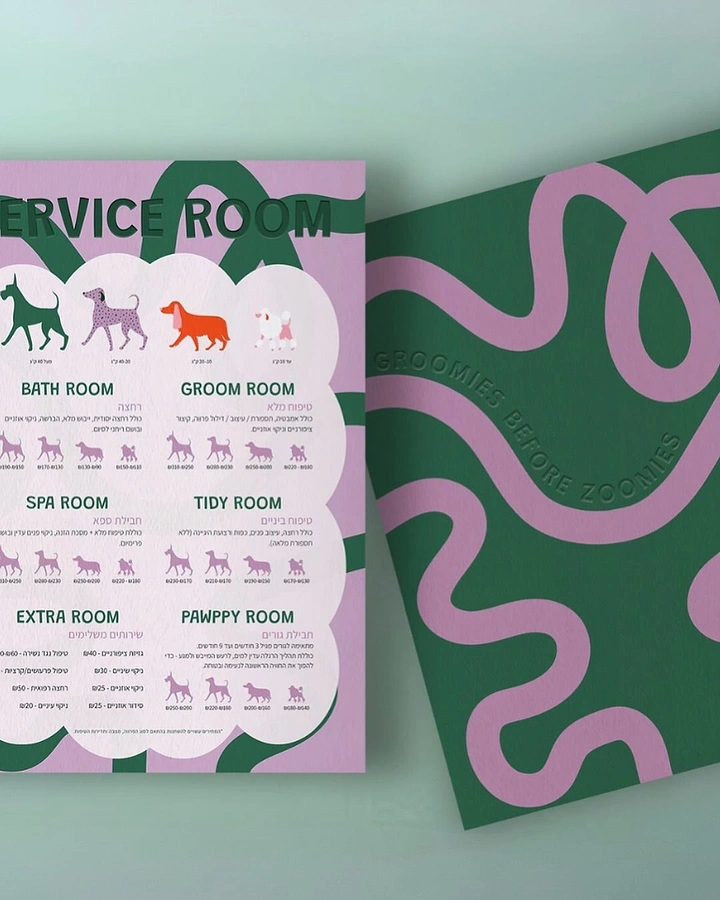 Pet Grooming creative ad: Room-themed menu, "groomies before zoomies" identity