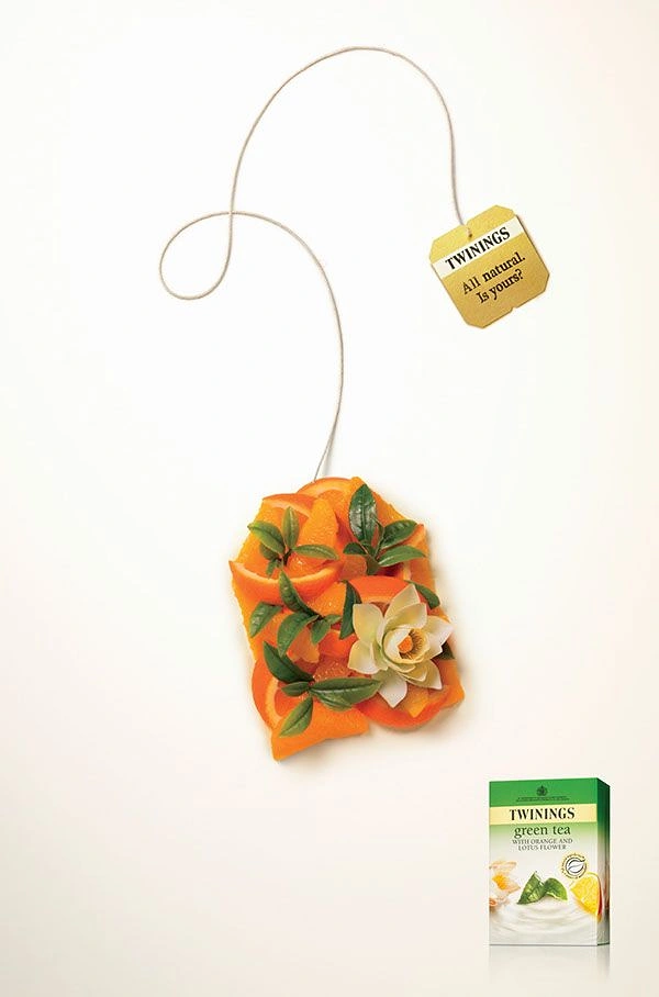 Tea & Chai Brands creative ad: Tea bag built from orange segments, green tea leaves and a lotus flower
