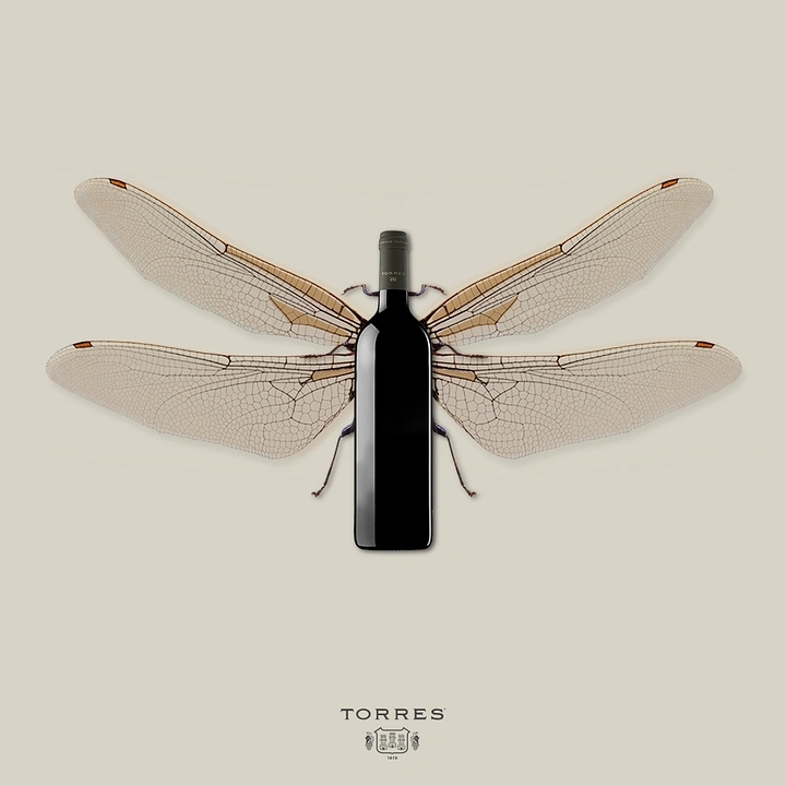 Creative ad: Dark wine bottle as the body of a dragonfly
