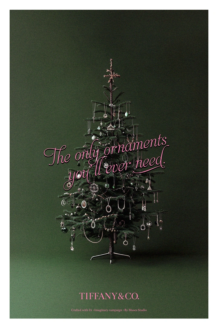 Christmas creative ad: Bare fir tree decorated only with hanging jewellery
