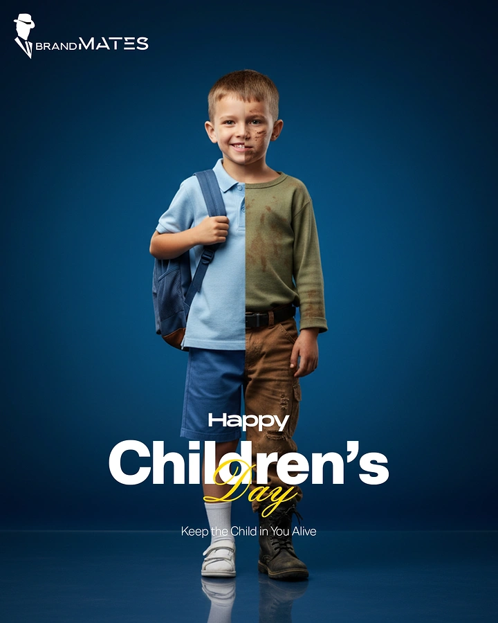 Children's Day creative ad: Boy split into a neat school-uniform half and a muddy play-clothes half