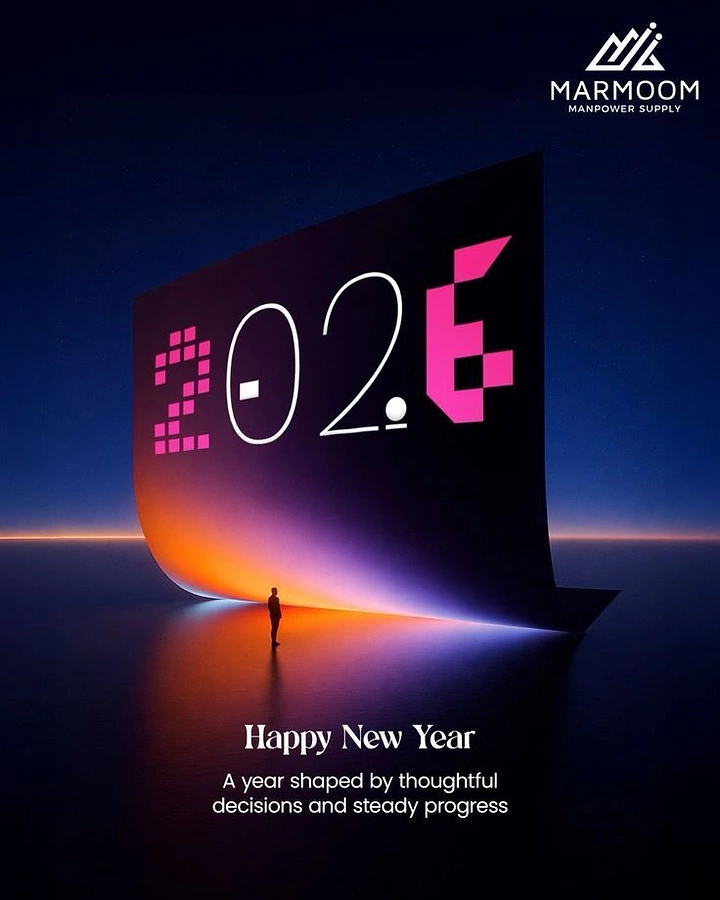 New Year creative ad: Giant curling dark sheet showing 2026 above a tiny standing figure